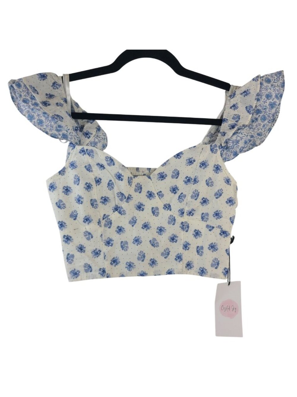 NEW Crystal Sky Blue Floral Crop Top With Ruffled Sleeves Size Small
